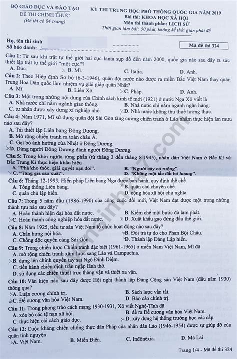 Nội dung chi tiết đáp án đề thi thpt quốc gia 2021 môn lịch sử sẽ được hoatieu cập nhật ngay sau khi kỳ thi kết thúc, các bạn chú ý theo dõi. Đáp án môn Sử mã đề 324 thi THPT Quốc Gia năm 2019 của Bộ GD