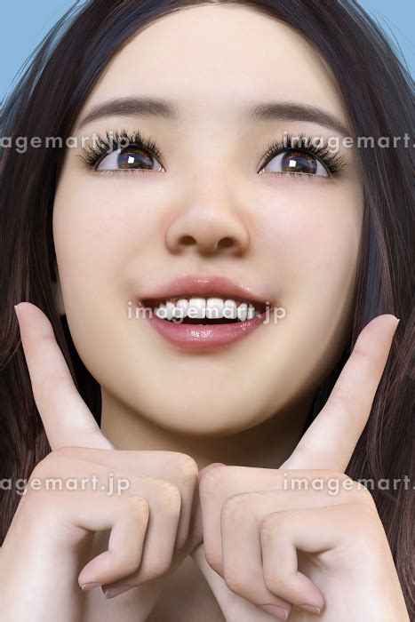 黒髪の笑顔の日本人女性が両手の人差し指を立てて顔をズームアップしているのイラスト素材 [123337037] イメージマート