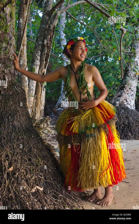 Yapese Girl In Grass Skirt Standing By A Tree Yap Island Federated