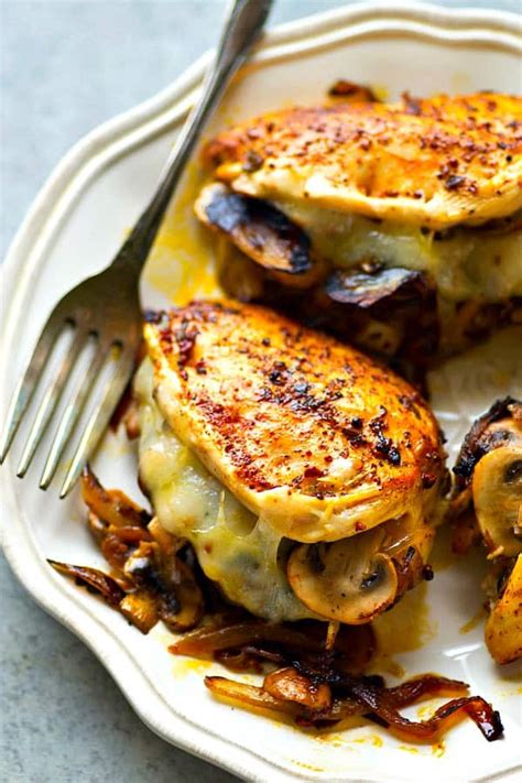 How do i know this? Caramelized Onion Mushroom Swiss Stuffed Chicken Breasts