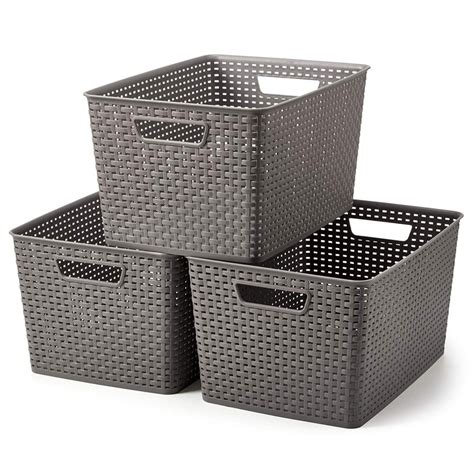Ezoware Extra Large Gray Plastic Knit Baskets Shelf Household Storage