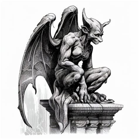 Gargoyle Sits On A Rock Illustration In Graphic Style Scary Fantastic