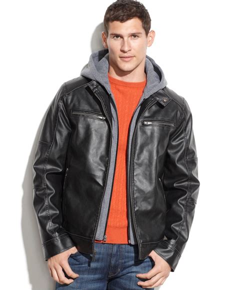 Guess Hooded Faux Leather Moto Jacket In Black For Men Lyst
