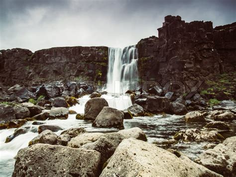 Beautiful Oxararfoss Waterfall In Stock Photo