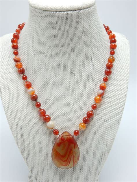 Striped Carnelian Necklace With Faceted Fire Briolette Sterling