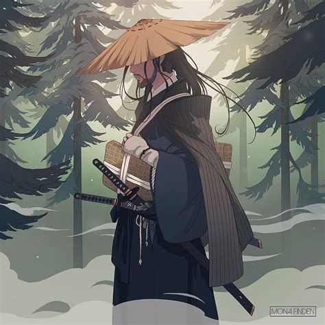 Ronin Forest Hat Illustrations Japan Katana Man Mist Samurai
