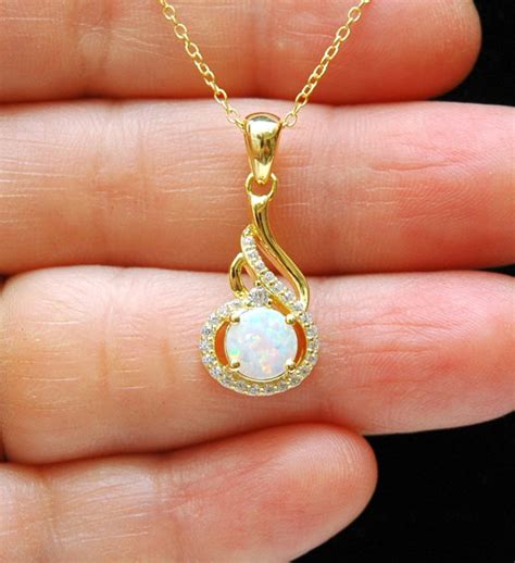 Gold Cz And White Opal Necklace October Birthstone Necklace Sterling