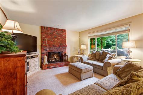 Cozy Living Room With Brick Fireplace Stock Photo Image Of