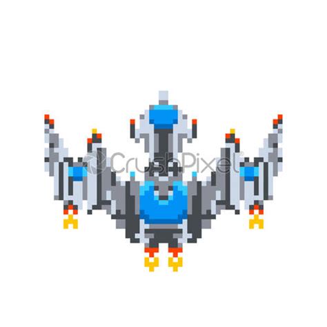 Cute Little Spaceship Game Hero In Pixel Art Style On Stock Vector