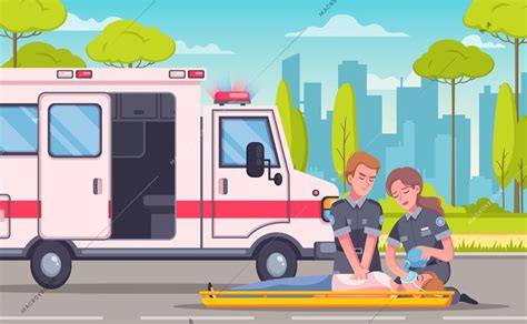 Paramedic Emergency Ambulance Cartoon Composition With Urban Landscape