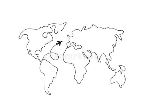 World Map Line Art Continuous Line Drawing Airplane Travel Stock