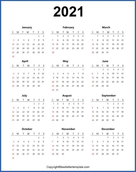 Printable Yearly 2021 Calendar Template In Pdf Word And Excel