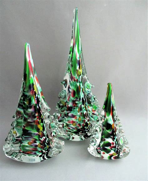 Hand Blown Art Glass Christmas Trees Set Of 3 Green Etsy