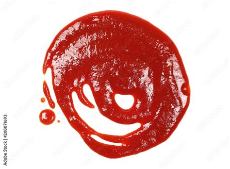 red ketchup spread puddle isolated on white background tomato pure texture top view stock