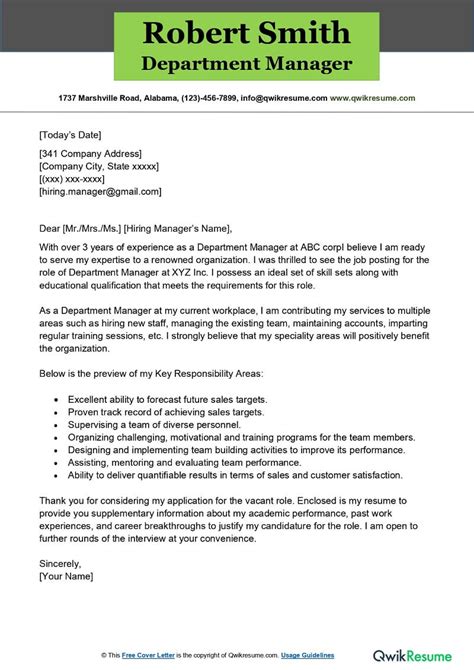 Department Manager Cover Letter Examples QwikResume