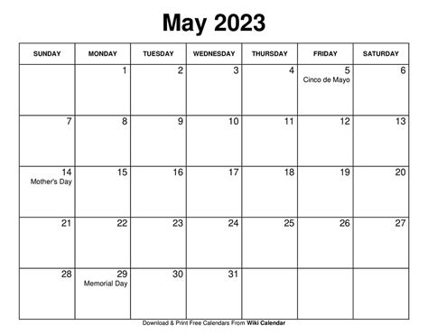 May 2023 Calendar With Holidays Printable Get Calender 2023 Update