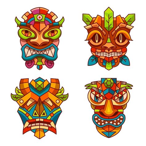 Premium Vector Totem Masks With Tribal Decoration Ornament Of Tiki Indians Hawaii Or Aztec