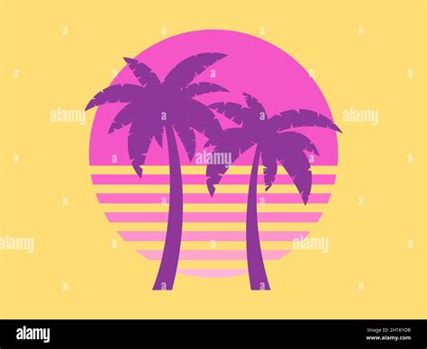 two palm trees at sunset isolated on white background summer tropical sunset in 80s retro style