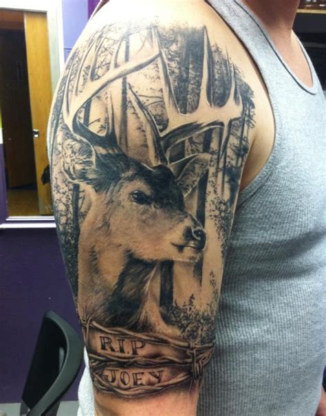 Realistic Deer And Trees Tattoo
