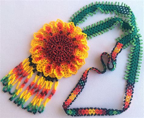 Mexican Huichol Beaded Flower Necklace Bead Art Bead Work Yellow