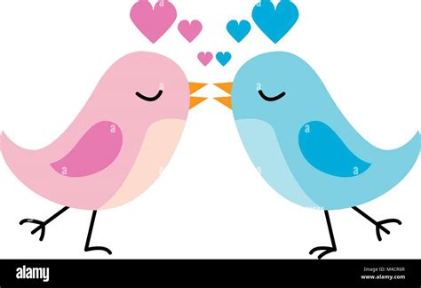 An Image Of A Two Cartoon Birds Kissing With Hearts Overhead Stock