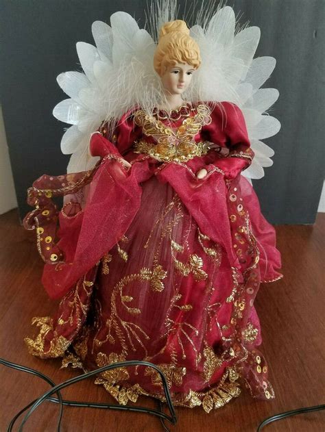 Light Up Angel Christmas Tree Topper Embellished Red Gold Fiber Optic