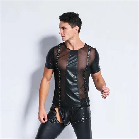 Cfyh Sexy Gothic Men S Sheer Mesh Leather Short Sleeve T Shirt
