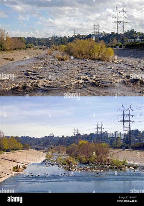 Los Angeles River Showing Normal Flow And Water Levels And Higher Water