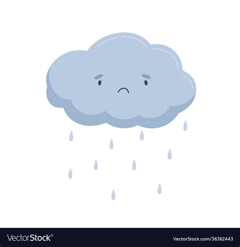 Cute Cloud With Sad Face And Falling Rain Drops Vector Image