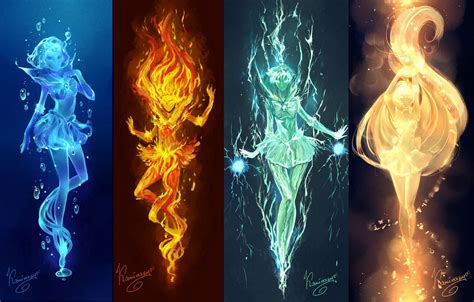 Wallpaper Water Light Girls Fire Elements Anime Art Electricity