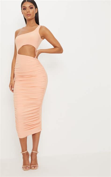 Tangerine Double Layer Slinky One Shoulder Cut Out Detail Ruched Midaxi