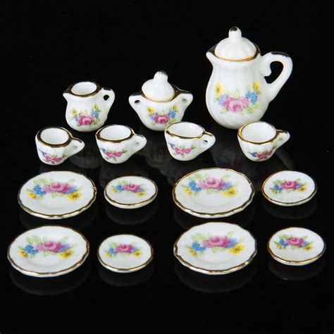 15 Piece Miniature Dollhouse Dinnerware Porcelain Tea Set Tableware Mug