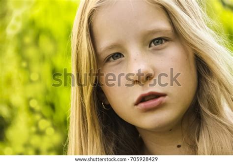 Portrait Teen Girl Blonde Freckles Green Stock Photo 705928429