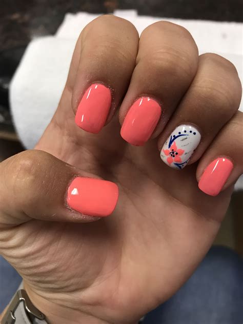 Coral And White Flower Nails Flower Nails Coral Nails Beach Nails