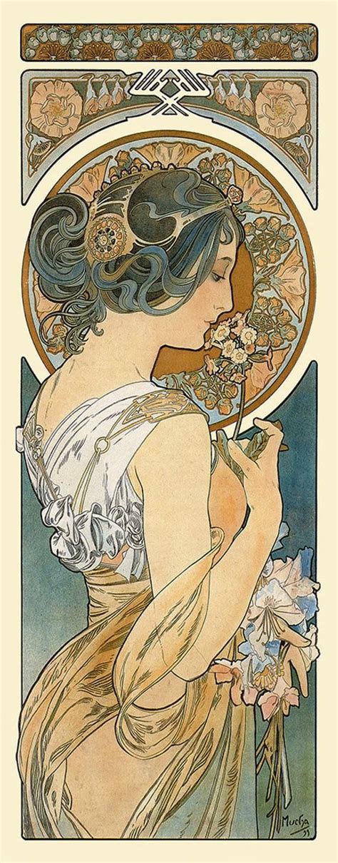 An Art Nouveau Painting Of A Woman With Flowers In Her Hair And Holding