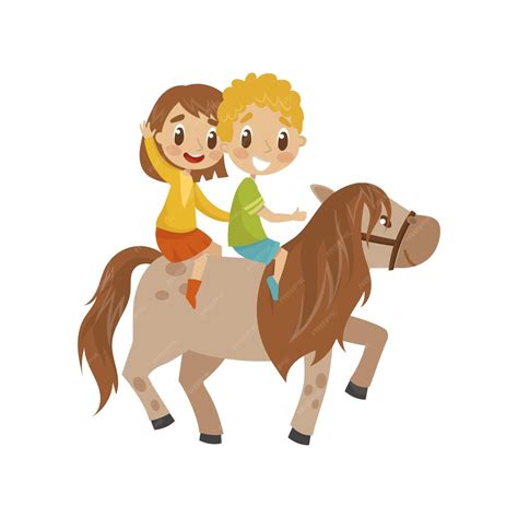 Premium Vector Cute Litlle Boy And Girl Riding A Horse Equestrian