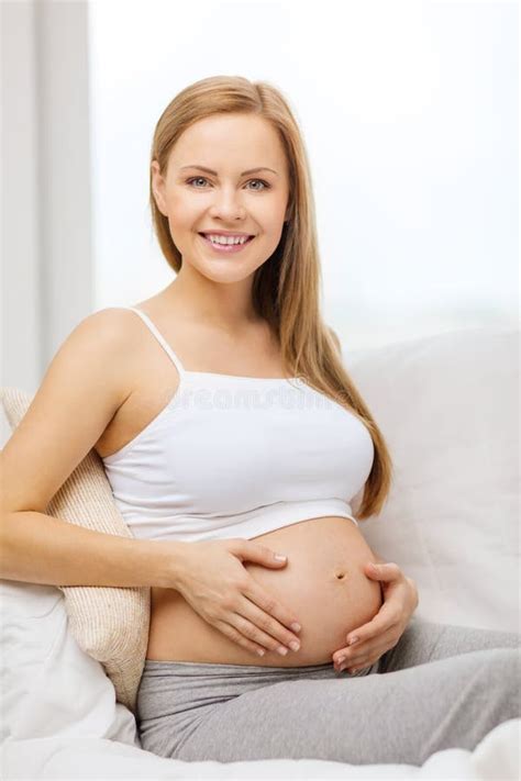 Happy Pregnant Woman Touching Her Belly Stock Image Image Of Baby