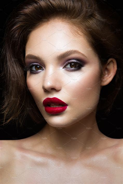 Beautiful Young Model With Red Lips Containing Woman Fashion And Spa High Quality Beauty