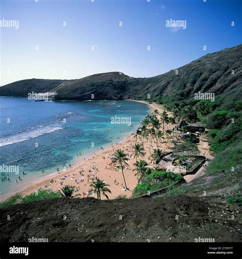 United States Hawaii Oahu Hanauma Bay View Of Bay And Crowded Beach