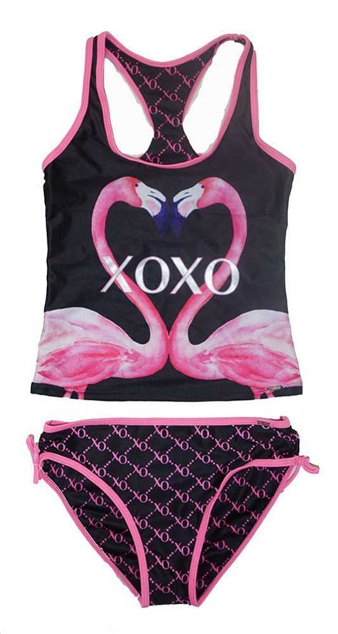 Xoxo Girls Black Flamingo 2pc Tankini Swimsuit Size 4 56 6x 7 810 12