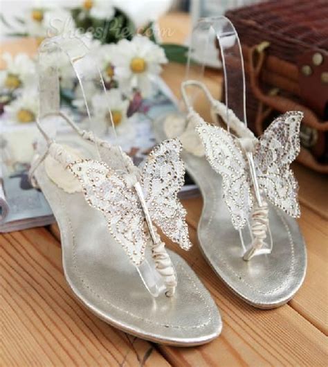Gorgeous White Genuine Leather Butterfly Rhinestone Flat Heel Sandals