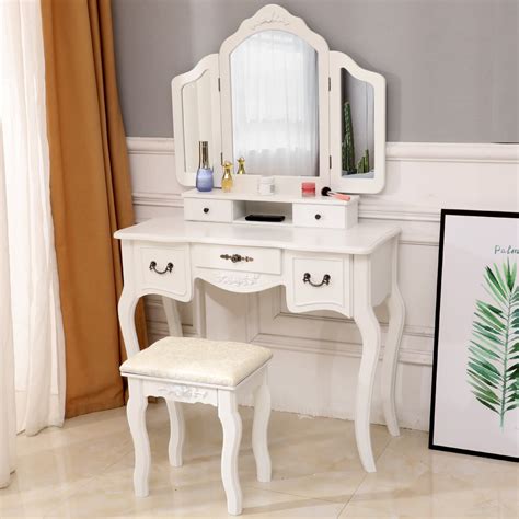 Ubesgoo Wooden Vanity Set Makeup Table Stool Set With 3 Mirrors And 5 Drawers White
