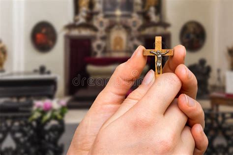 Female Hand With Wooden Cross Inside Church Stock Image Image Of