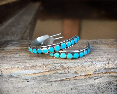 Medium Small Turquoise Hoop Earrings For Women Zuni Style Native American Indian Jewelry