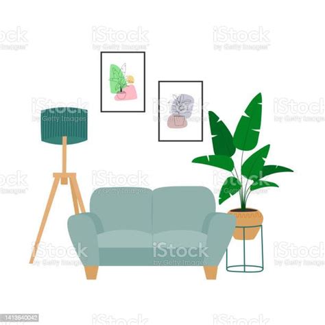 Interior Design Of Living Room With Sofa Floor Lamp And Houseplant