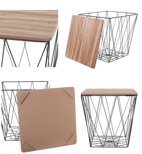 Come home to a softer side of industrial chic with the. Retro Black Metal Wire Square Wood Top Storage Side Table ...
