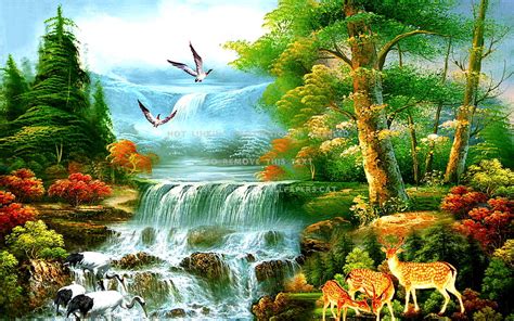 Paradise Waterfalls Painting Forest Deers Hd Wallpaper Pxfuel