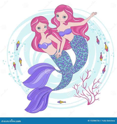 Mermaid Sisters Cartoon Tropical Princess Vector Illustration Set Stock