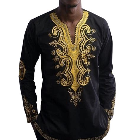 African Tribal Shirt Men Dashiki Print Black Succinct Hippie Top Blouse