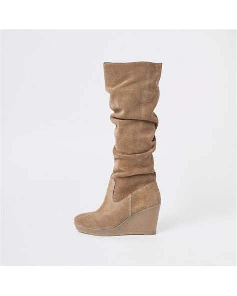 River Island Suede Knee High Slouch Wedge Boots In Natural Lyst